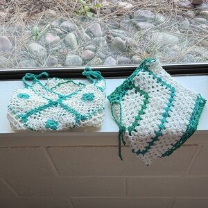 Crochet Tank Top and Shorts Set - Green and White